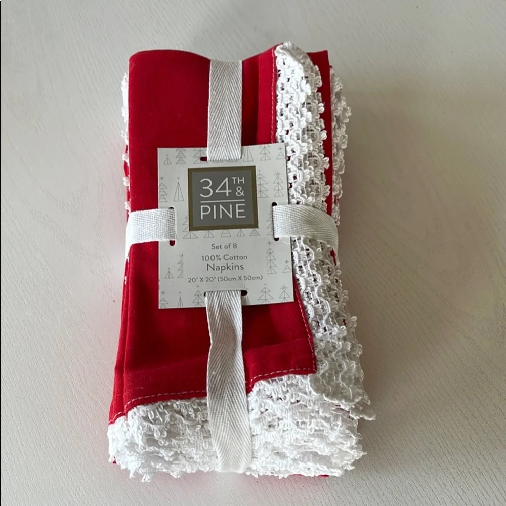 34th & Pine 100% Cotton Cloth Napkins Red with White Lace Trim, Set of 8